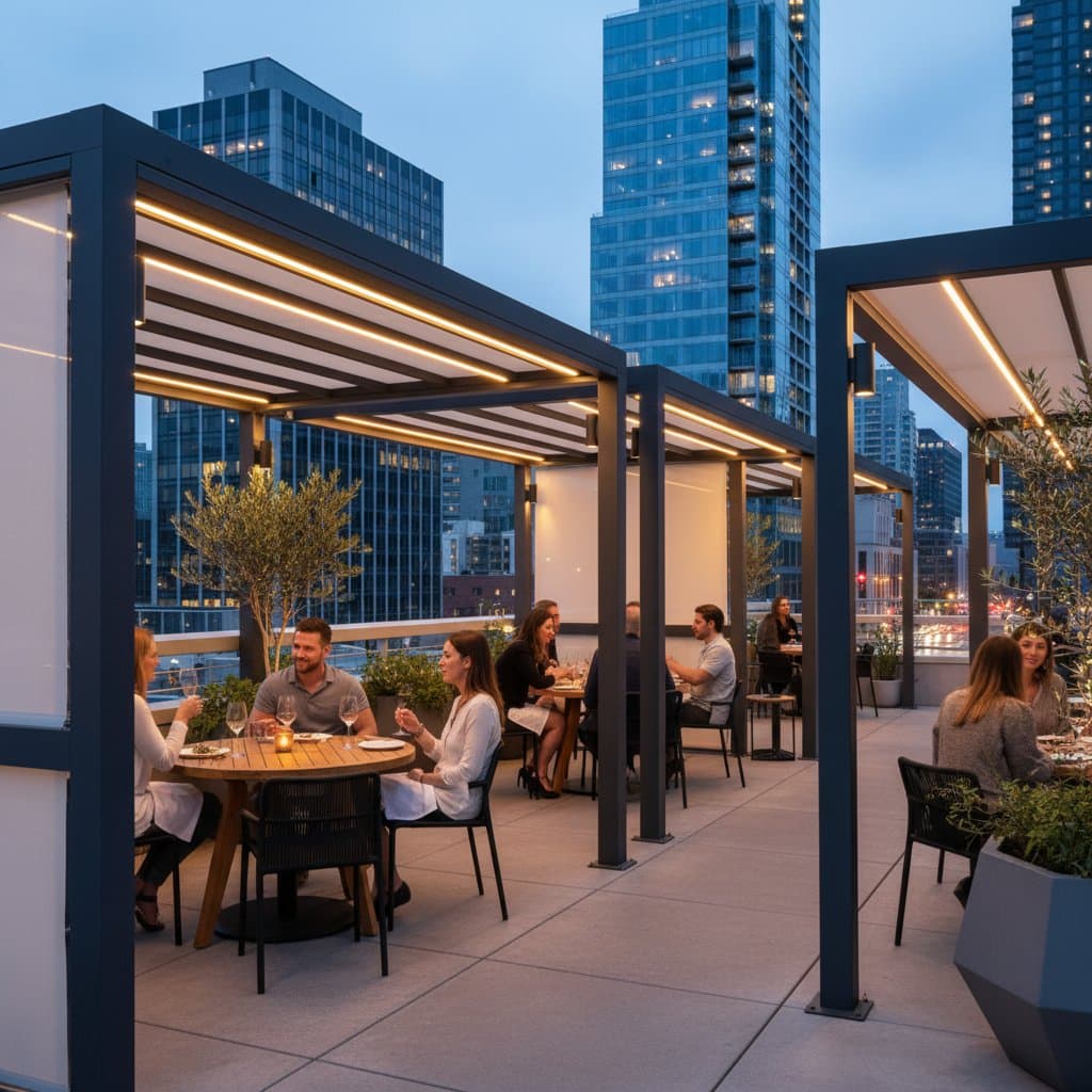 Featured image for Retractable Pergola Pods Extend Rooftop Dining Season